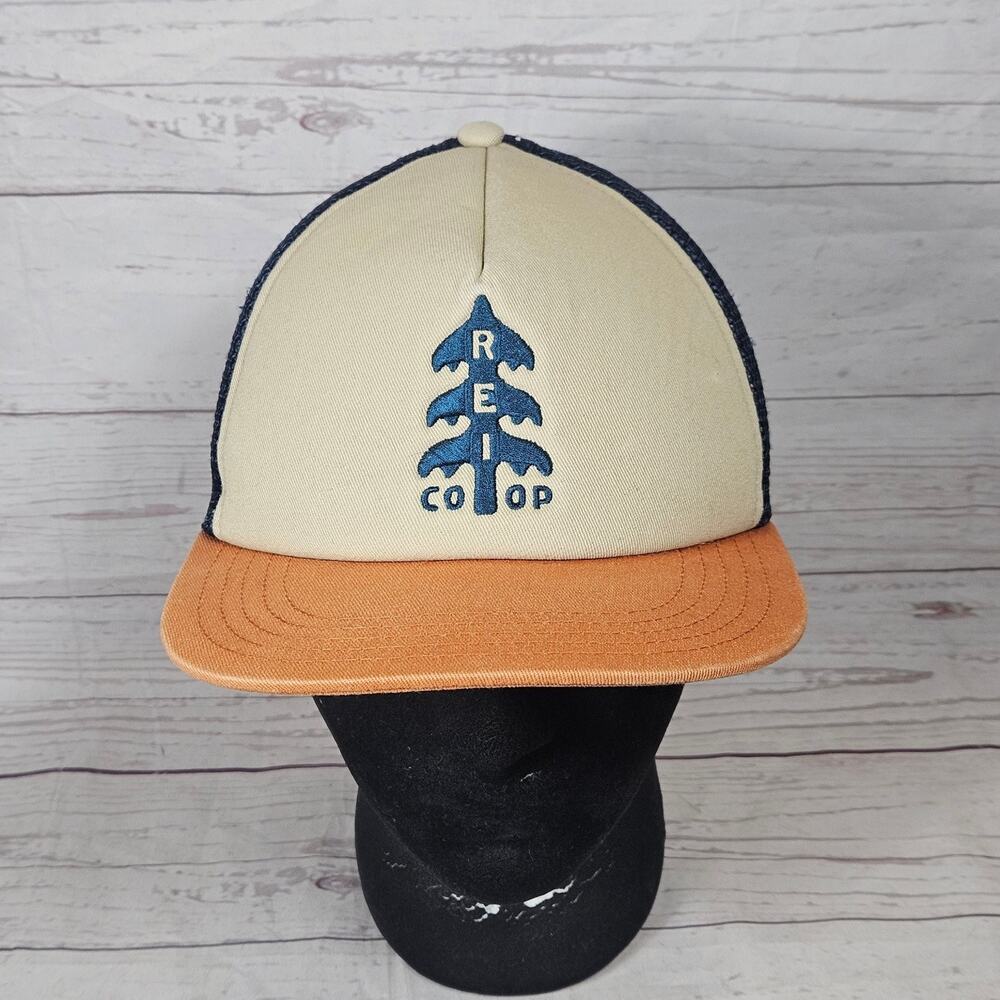 REI Co-op Trucker Hat Men's One Size Adjustable Snapback Beige Orange Navy